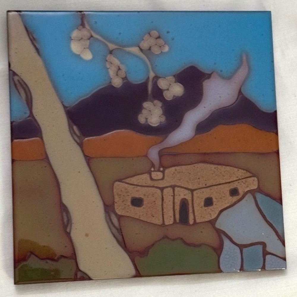 Sun Tile Mountainair NM Hand Painted Ceramic Adobe Landscape Art Tile 6x6